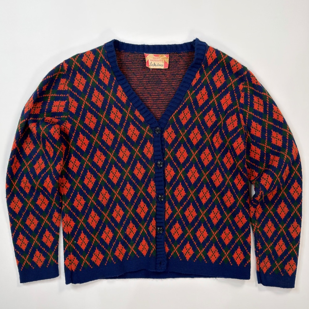 Vintage Lady Manhattan Argyle Cardigan Sweater Navy Orange Green Acrylic Knit